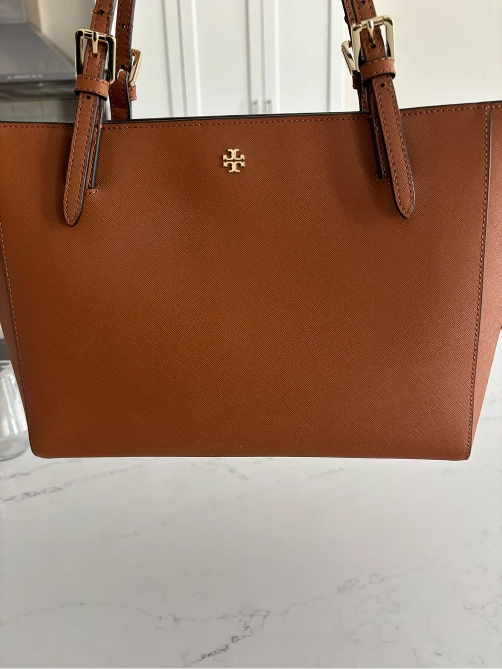 Tory Burch Saffiano Leather Tote in Cognac with Gold Logo